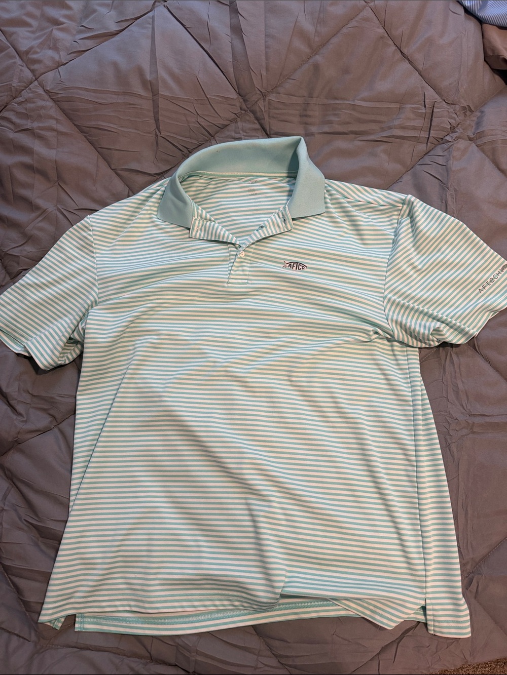 AFTCO Mint Green and White Striped Performance Polo